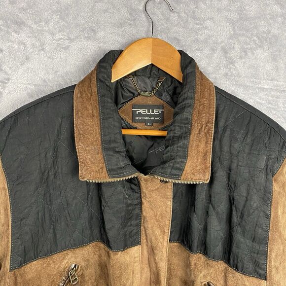 Vtg Pelle Jacket Mens Large Brown Leather Black Patches Retro Classic Biker - Picture 2 of 11